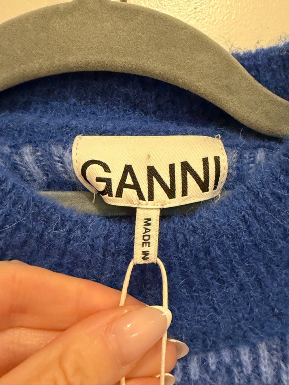 GANNI Alpaca and Merino Wool Jaquard Logo Button Sweater in Blue NWT's Sz Small - Picture 9 of 17